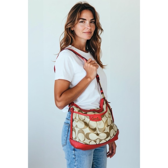 Y2k Coach Signature Persimmon Orange Khaki Leather Canvas Shoulder Bag & Wallet - Picture 1 of 11